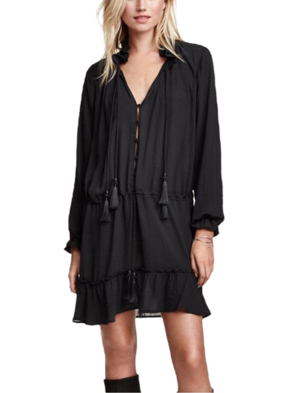 H&M Black Chiffon Drop Waist Long Sleeve Short Dress